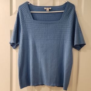 Denim & Co Blue Ribbed Knit Short Sleeve Sweater Women's Large